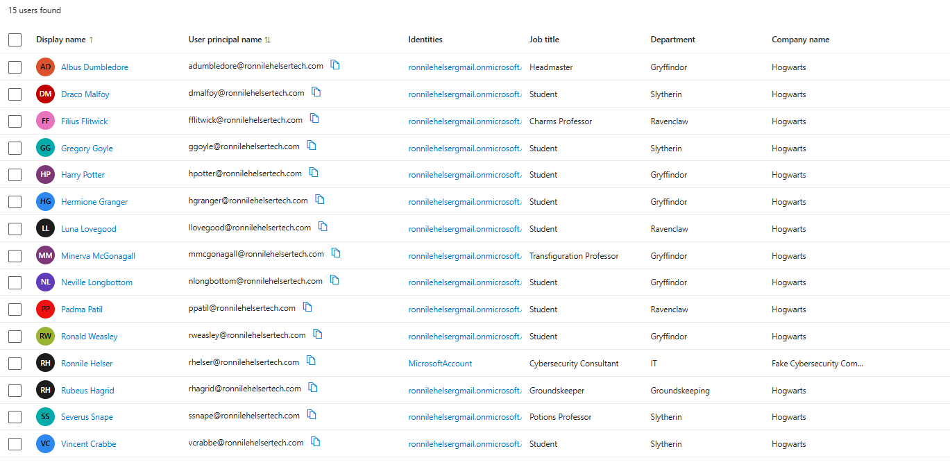 Entra ID users list showing a themed roster of staff and student accounts with job titles and departments
