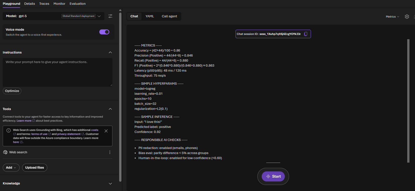 Microsoft Foundry agent playground showing a GPT-5 model, voice mode, instructions panel, and a test chat session