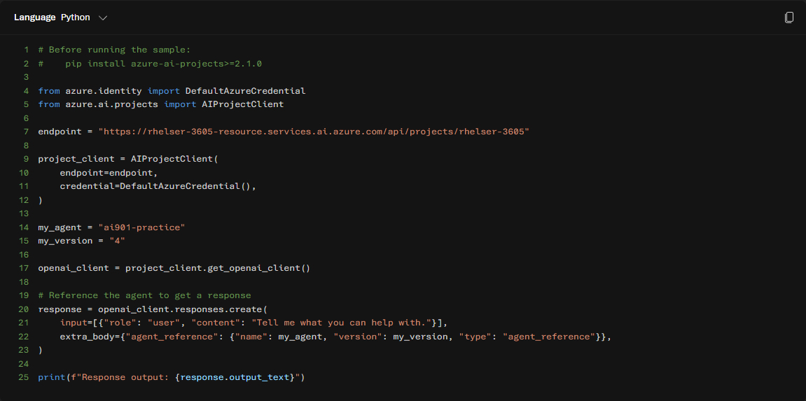 Python code sample using the Azure AI Projects SDK to call the agent programmatically