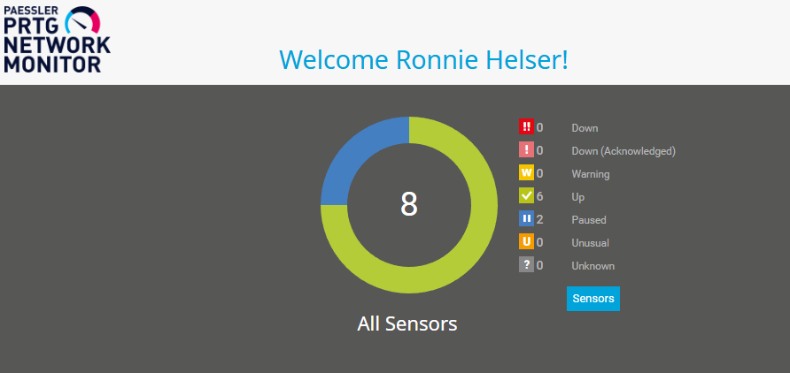 PRTG dashboard showing sensor health overview
